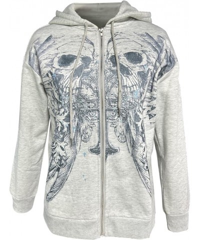 Women Y2k Gothic Zip Up Hoodie Sweatshirt Grunge Punk Long Sleeve Graphic Print Hooded Jacket 00S Aesthetic Outwear I Gray Pu...