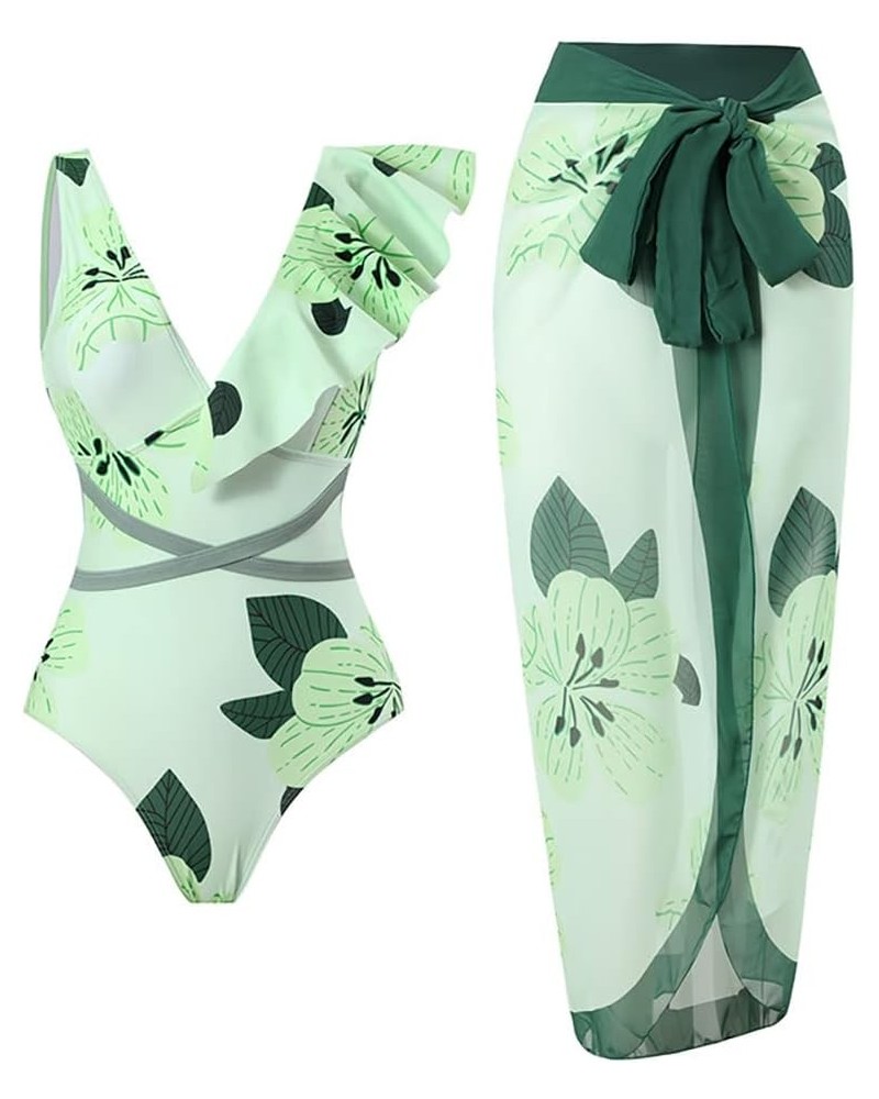 Womens One Piece Floral Bathing Suit with Beach Cover up Wrap Skirt Two Piece Tummy Control Monokini Set Swimsuit 3003-green ...