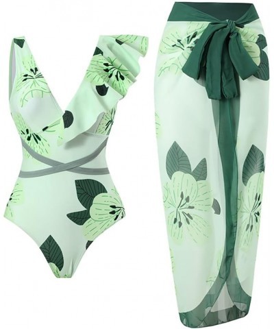 Womens One Piece Floral Bathing Suit with Beach Cover up Wrap Skirt Two Piece Tummy Control Monokini Set Swimsuit 3003-green ...