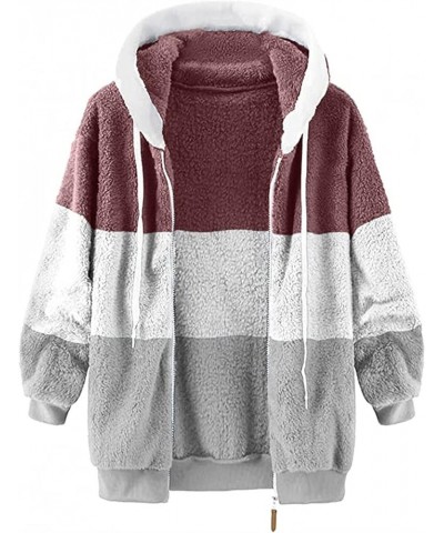 Womens Winter Fuzzy Fleece Jacket Hooded Color Block Patchwork Cardigan Coats Oversized Fluffy Outerwear with Pockets 24-red ...