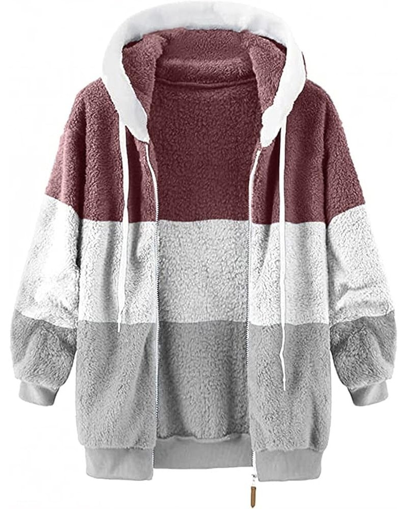 Womens Winter Fuzzy Fleece Jacket Hooded Color Block Patchwork Cardigan Coats Oversized Fluffy Outerwear with Pockets 24-red ...