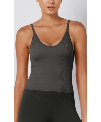 Women's Crop 4 Piece V-Neck Seamless Tank Ribbed Strappy Cropped Camisole Tops Charcoal-1 Pack $10.25 Tanks