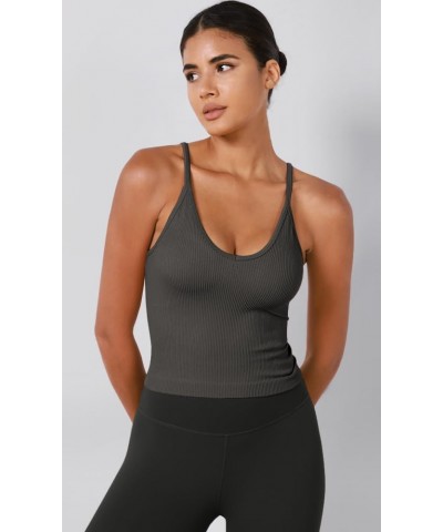 Women's Crop 4 Piece V-Neck Seamless Tank Ribbed Strappy Cropped Camisole Tops Charcoal-1 Pack $10.25 Tanks