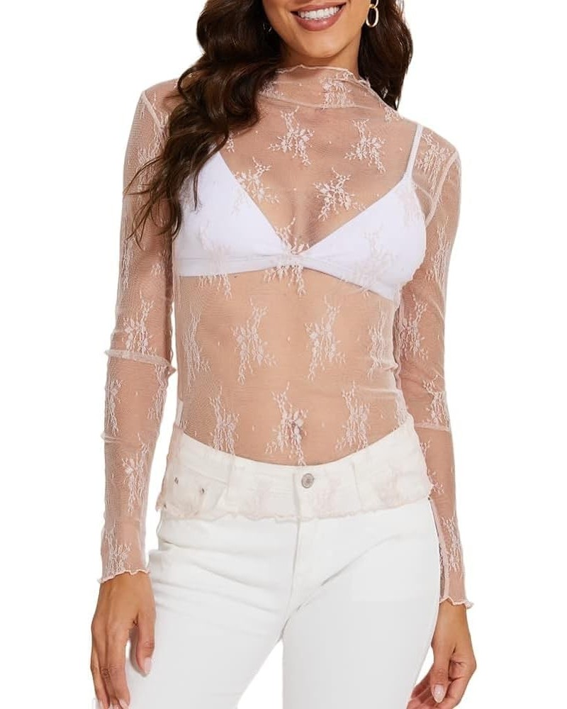 Women's Mesh Top Sheer Long Sleeve Ruched Lace Mock Neck Layering T Shirt Blouse E-white $9.88 Blouses