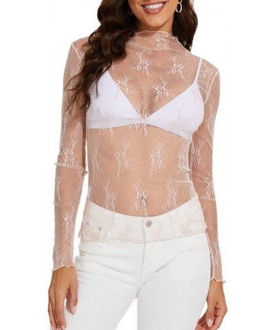 Women's Mesh Top Sheer Long Sleeve Ruched Lace Mock Neck Layering T Shirt Blouse E-white $9.88 Blouses