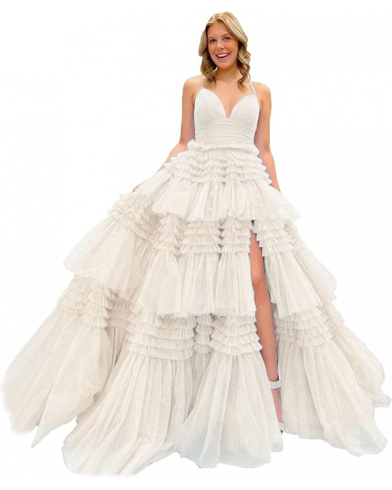 Tiered Glitter Tulle Prom Dresses with Slit 2023 for Women Party Spaghetti Straps Long Evening Ball Gown Ivory $49.49 Dresses