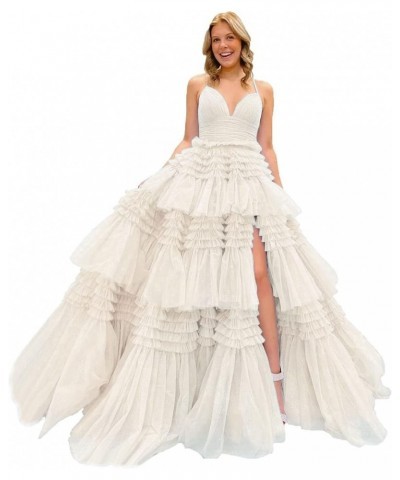 Tiered Glitter Tulle Prom Dresses with Slit 2023 for Women Party Spaghetti Straps Long Evening Ball Gown Ivory $49.49 Dresses