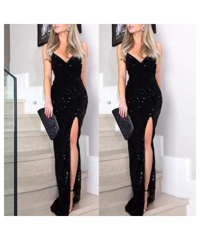 Women Formal Dress Wedding Bridesmaid Dress Sequin Slit Long Sleeve V Neck Beaded Evening Gown Dresses A-05 Black $19.71 Dresses