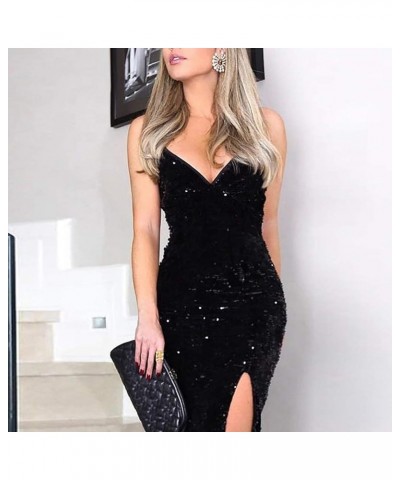 Women Formal Dress Wedding Bridesmaid Dress Sequin Slit Long Sleeve V Neck Beaded Evening Gown Dresses A-05 Black $19.71 Dresses