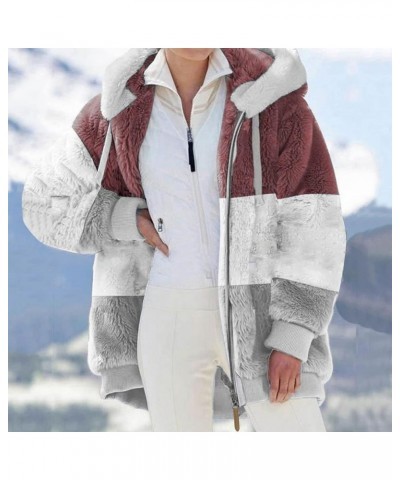 Womens Winter Fuzzy Fleece Jacket Hooded Color Block Patchwork Cardigan Coats Oversized Fluffy Outerwear with Pockets 24-red ...