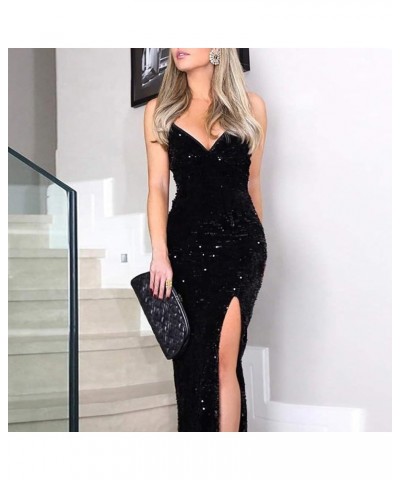 Women Formal Dress Wedding Bridesmaid Dress Sequin Slit Long Sleeve V Neck Beaded Evening Gown Dresses A-05 Black $19.71 Dresses