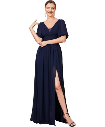 Women's Double V-Neck Puffy Sleeves Side Slit Chiffon A-Line Floor Length Evening Dresses 01385 Navy Blue $37.95 Dresses