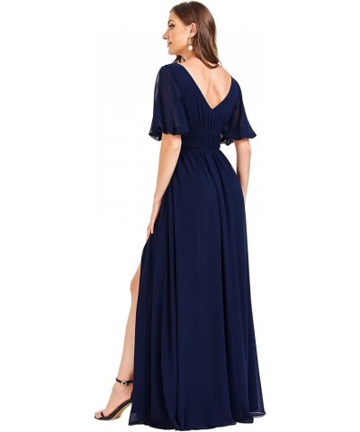 Women's Double V-Neck Puffy Sleeves Side Slit Chiffon A-Line Floor Length Evening Dresses 01385 Navy Blue $37.95 Dresses