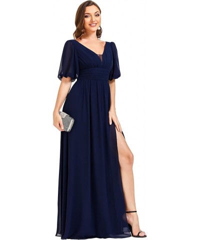 Women's Double V-Neck Puffy Sleeves Side Slit Chiffon A-Line Floor Length Evening Dresses 01385 Navy Blue $37.95 Dresses