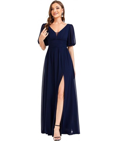 Women's Double V-Neck Puffy Sleeves Side Slit Chiffon A-Line Floor Length Evening Dresses 01385 Navy Blue $37.95 Dresses