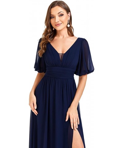 Women's Double V-Neck Puffy Sleeves Side Slit Chiffon A-Line Floor Length Evening Dresses 01385 Navy Blue $37.95 Dresses