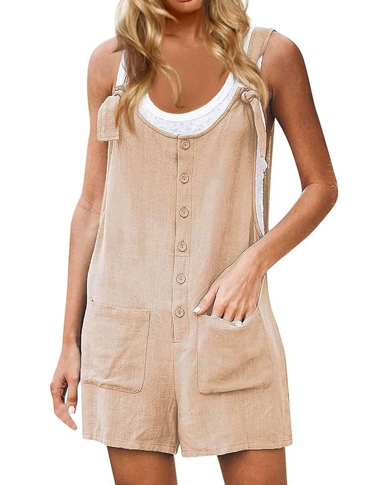 Jumpsuits for Women Sleeveless Knotted Strap Solid Pocket Shorts One Piece Romper Baggy Summer Button Casual Jumpsuits Beige ...