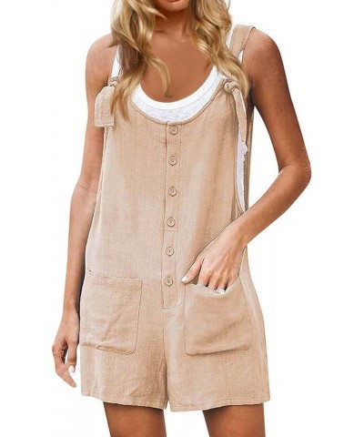 Jumpsuits for Women Sleeveless Knotted Strap Solid Pocket Shorts One Piece Romper Baggy Summer Button Casual Jumpsuits Beige ...