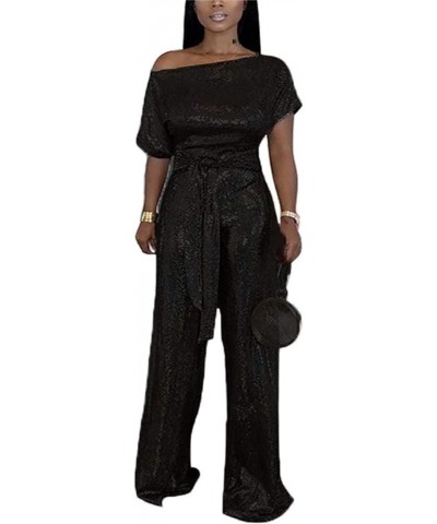 Women's Evening Sparkly Jumpsuits Off Shoulder Short Sleeve Party Sequins Rompers High Waisted Wide Leg Pants Suit Black $24....