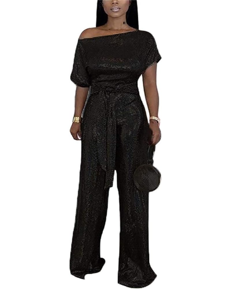 Women's Evening Sparkly Jumpsuits Off Shoulder Short Sleeve Party Sequins Rompers High Waisted Wide Leg Pants Suit Black $24....