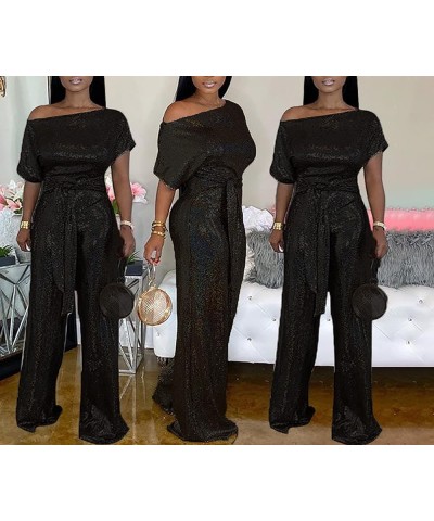 Women's Evening Sparkly Jumpsuits Off Shoulder Short Sleeve Party Sequins Rompers High Waisted Wide Leg Pants Suit Black $24....