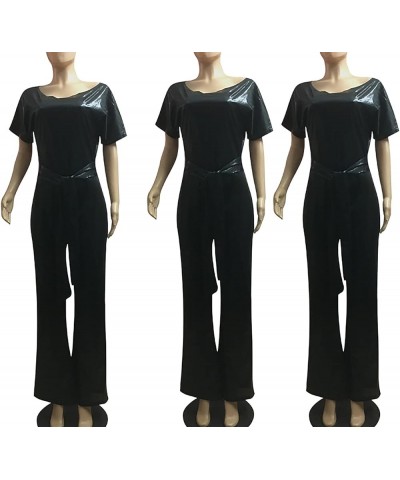 Women's Evening Sparkly Jumpsuits Off Shoulder Short Sleeve Party Sequins Rompers High Waisted Wide Leg Pants Suit Black $24....