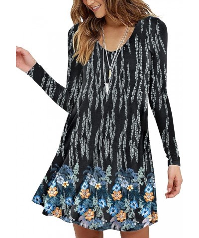 Women's Long Sleeve Casual Swing Simple T-Shirt Loose Dress 03 Black Blue Flower $13.95 Dresses