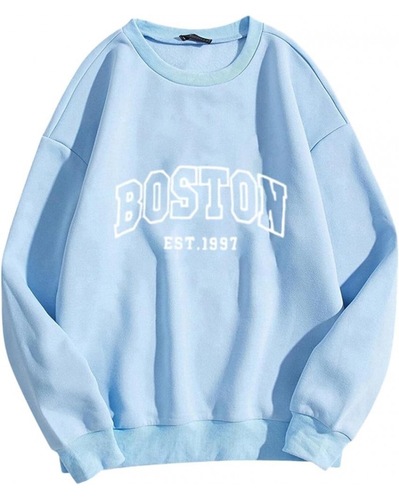 Crew Neck Boston Sweatshirts Women Round Neck Letter Graphic Cute Sweaters Relaxed Fit Long Sleeve Crew Neck Pullover Tops Li...