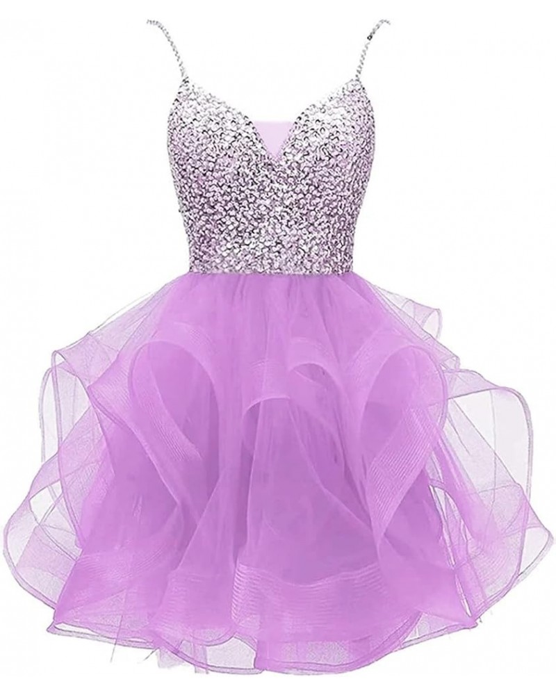 Women's Short Prom Dress Beaded Tulle Spaghetti Strap Cocktail Dresses Homecoming Dress for Teens Lavender $31.71 Dresses