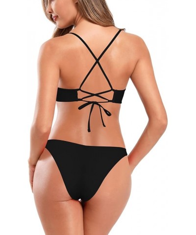 Women's Solid Scoop Neck Bralette Bikini Criss Cross High Cut Two Piece Swimsuits Black-a $19.21 Swimsuits