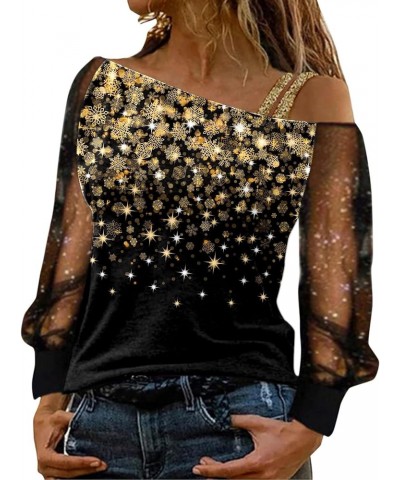 Women Printing Glitter Mesh Bell Long Sleeve Cold Shoulder Splice T-Shirt Blouse Fashion Shiny Club Loose Shirt Tees Gold-c $...