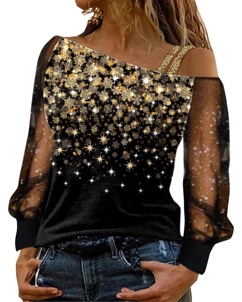 Women Printing Glitter Mesh Bell Long Sleeve Cold Shoulder Splice T-Shirt Blouse Fashion Shiny Club Loose Shirt Tees Gold-c $...