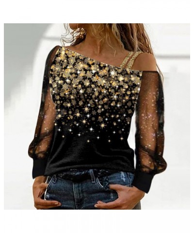 Women Printing Glitter Mesh Bell Long Sleeve Cold Shoulder Splice T-Shirt Blouse Fashion Shiny Club Loose Shirt Tees Gold-c $...