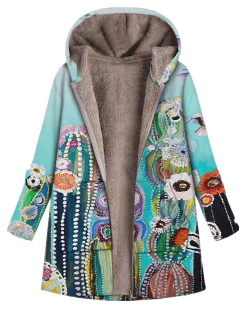 Women Vintage Boho Floral Print Zip Up Sherpa Fleece Lined Jacket Winter Warm Long Sleeve Hooded Coat with Pocket Sky Blue-fl...