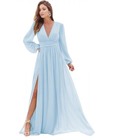 Women's Chiffon Bridesmaid Dresses with Slit V-Neck Prom Dress with Long Sleeves Formal Evening Party Gowns Sky Blue $34.55 D...