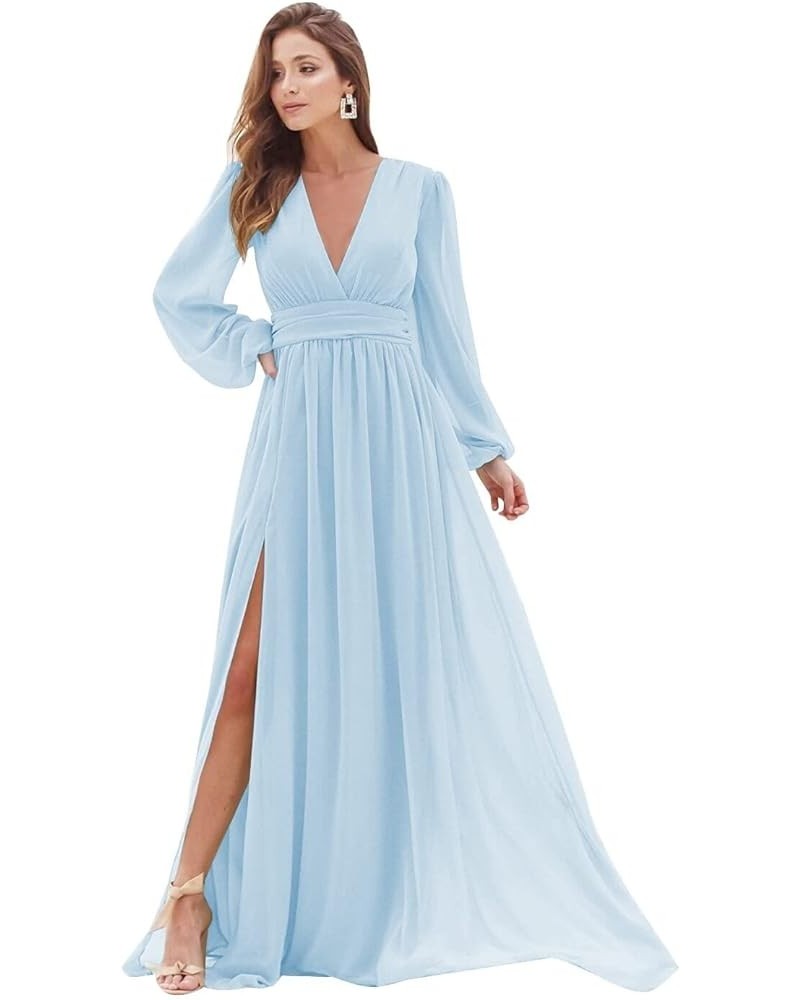 Women's Chiffon Bridesmaid Dresses with Slit V-Neck Prom Dress with Long Sleeves Formal Evening Party Gowns Sky Blue $34.55 D...