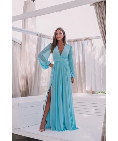 Women's Chiffon Bridesmaid Dresses with Slit V-Neck Prom Dress with Long Sleeves Formal Evening Party Gowns Sky Blue $34.55 D...