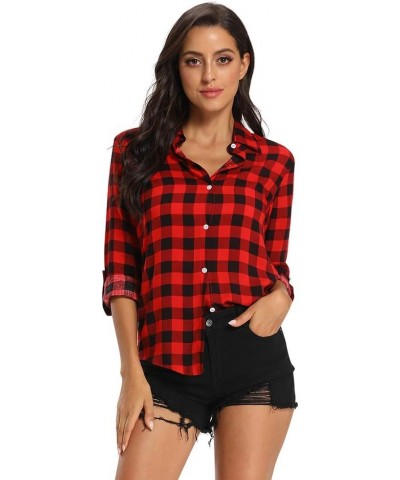 Lightweight Plaid Shirts for Women Button Down Roll Up Sleeve Casual Tops Blouse B Red $15.11 Shirts