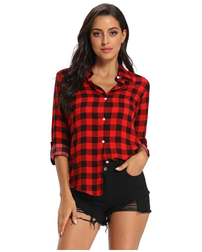 Lightweight Plaid Shirts for Women Button Down Roll Up Sleeve Casual Tops Blouse B Red $15.11 Shirts