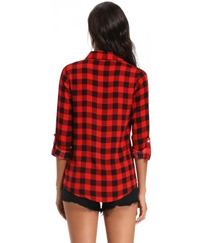 Lightweight Plaid Shirts for Women Button Down Roll Up Sleeve Casual Tops Blouse B Red $15.11 Shirts